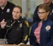 Then Los Angeles Fire Chief Kristin Crowley, left, and Los Angeles Mayor Karen Bass at a news briefing on January 11, 2025; Photo Credit Allen J. Schaben / Los Angeles Times