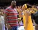 Angel Reese joking with former LSU and NBA center Shaquille "Shaq" O'Neal following an NCAA college basketball game between LSU and Mississippi State - Feb. 26, 2023; Photo Credit: Matthew Hinton/AP